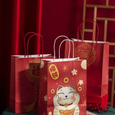 厂家直销春节新款红色喜庆牛皮纸礼物袋 现货批发国风印花手提袋